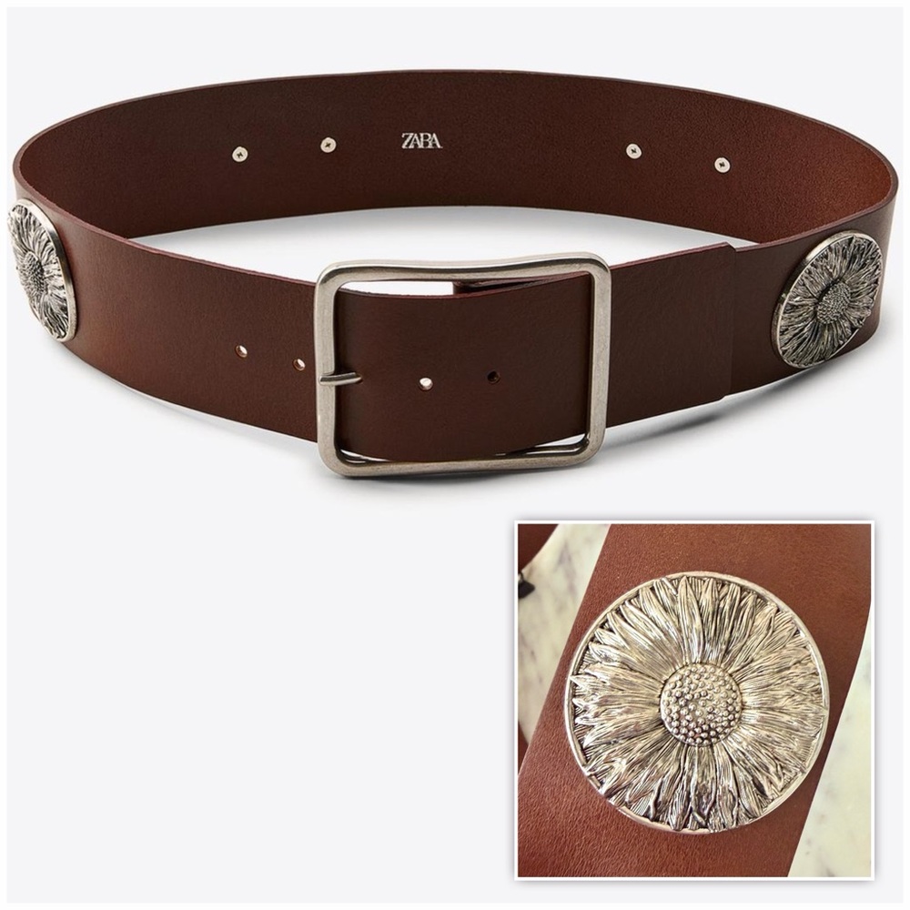 🌼 ZARA Wide Leather Floral Belt Brown Silver Metal Daisies 80